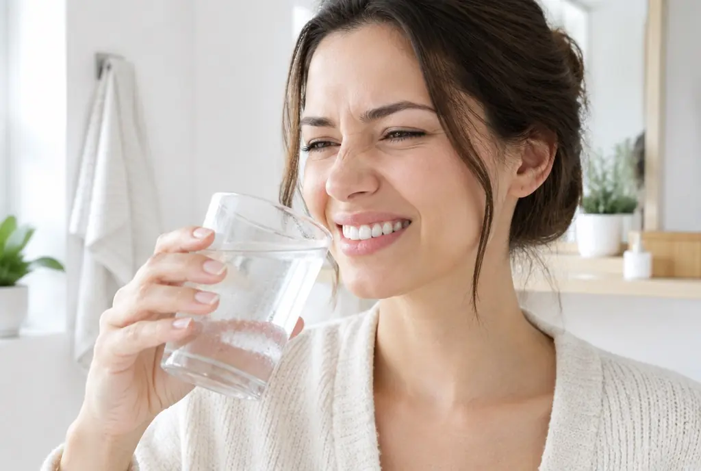 Frau verzieht beim Trinken von kaltem Wasser das Gesicht wegen schmerzempfindlicher Zähne