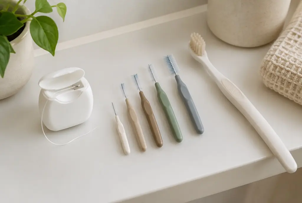 Zahnseide, Interdentalbürsten in verschiedenen Größen und eine Zahnbürste auf einem Badezimmerregal